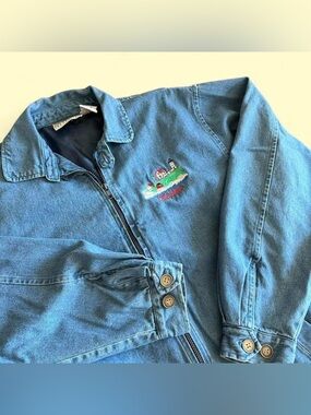Vintage Denim Harrington Jacket Blue Maine Embroidered Faded L